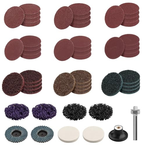 EYPINS 53x Schleifscheiben 50mm Klett Sandscheibe, Fächerscheiben, Reinigungsscheibe, 2 Zoll Disc Pad Halter mit 1/4 Zoll-Schaft & für Holz, Metall, Schmuck Entgraten, Schleifen, Polieren