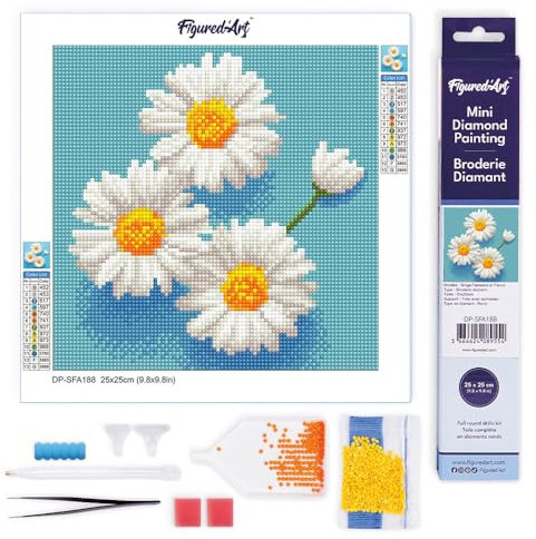 Figured'Art Mini Diamond Painting Erwachsene 25x25cm Ganze Leinwand gerollt Bezaubernde Weiße Gänseblümchen 5D Bilder Runde Steine - DIY Set Basteln