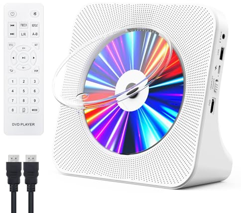 Gueray Lecteur CD Bluetooth Lecteur DVD HDMI Lecteur CD de Bureau Baladeur CD Lecteurs de CD avec Haut-Parleur Couvercle Anti-poussière et télécommande et Radio FM Prise USB et AUX 3,5 mm Blanc