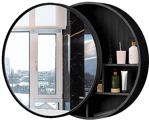 SSLW Runder Spiegelschrank Mit Schiebetüren Für Badezimmer, Badezimmer-Wandschrank Mit Stauraum, Badezimmer-Medizinschrank | Massivholz-Spiegelschränke Mit Spiegel, Wohnzimmerdekoration