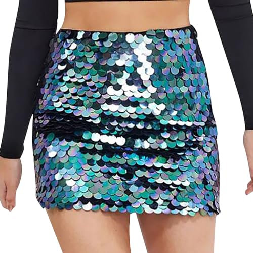 Bauchtanz Hüftrock Über Dem Knie Pailletten Meerjungfrau Hüfte Schal Wrap Rave Karneval Kostüm für Frauen Glänzender Sommerrock Glitzernd A Linie Rock Figurbetont Disco-Clubrock