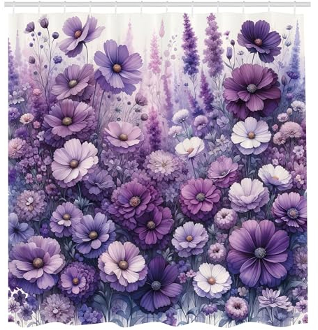 ABAKUHAUS Lila Duschvorhang, Pittoresker Cottagecore Stil Blumenwiese Monochrome Pastelltöne, Stoffliches Gewebe Badezimmerdekorationsset mit Haken, 175 x 200 cm, Flieder Lavendel Quarz