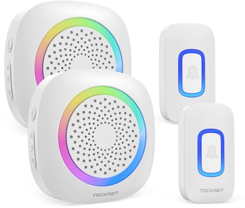 TECKNET Funkklingel 2 Empfänger 2 Sender, Kabellose Türklingel Batteriebetrieben mit RGB Licht, 400m/1300ft Reichweite, 60 Melodien, IP66 Aussen Haustür Klingel mit 4,5 Jahre Lebensdauer