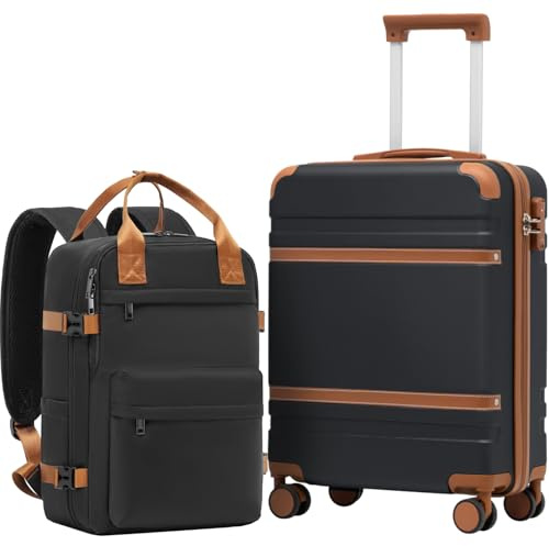 COOLIFE Cabin Suitcase 55x40x20 & Cabin Bag 40x30x20 EasyJet Ryanair PC+ABS | Hard Shell,4 Double Spinner, TSA Lock & Cabin Backpack, Durable–for Personal Item Priority Boarding Family Holidays & Weekend