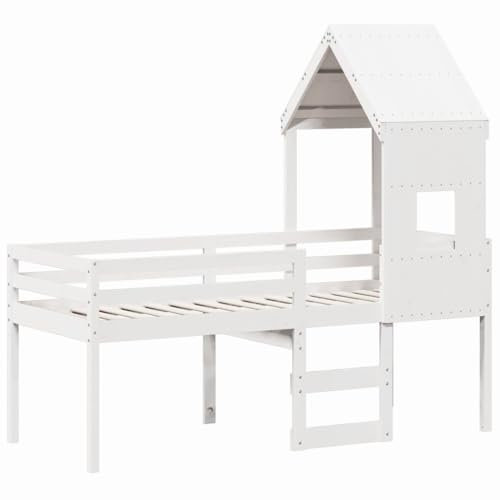 vidaXL Hochbett, Kinderbett mit Dach Leiter Sperrholzlatten, Spielbett für Kinderzimmer, Bett Holzbett Einzelbett, Weiß 90x200cm Massivholz Kiefer