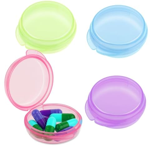 4Pcs Small Pill Box Cute Portable Pill Case Travel Pills Organizer Case Medicine Dispenser Earplug Container Vitamin Holder Liver Oil Storage Case for Women Men Pocket Purse Briefcase