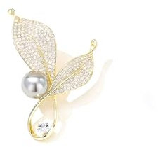 Broche délicate en forme de fleur en cristal doré avec perles de zircon brillantes - Broche féminité florale tendance pour bal de fin d'année, bijoux fantaisie, cadeau pour femme, Acier allié, Zircon
