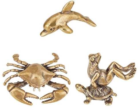 nbeads 3 STK. 3 Stile Messing-Tier-Skulptur, Frosch Delfin Krabbe Messing Statuen Metall-Tier-Figuren Mini Messing Ornament Miniaturen Figürchen für Home Office Garten Desktop Dekor