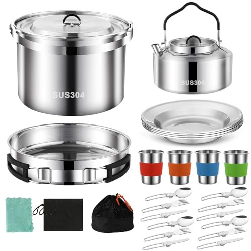 Camping Cookware Mess Kit,304 Stainless Steel Camping Cooking Set,Camping Pot and Pan Set with Blows Cups Plates Forks Knives Spoons for Hiking, Picnic, Camping for 4 People