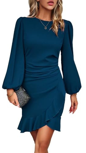 HUXRAKV Slim Vestito Donna Eleganti Maniche a Bolla Bodycon Orlo Irregolare a Coda di Pesce Business Abito da Cocktail Formale Lavoro Festa,WD21-Blu,L
