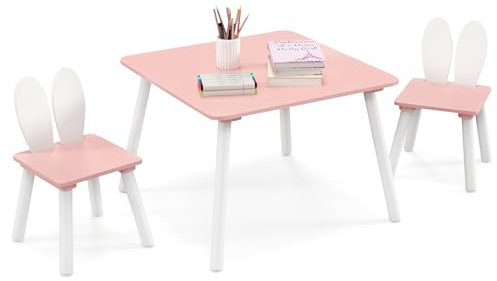 LIFEZEAL Kindertisch mit 2 Stühlen, Kindersitzgruppe mit Kaninchenohren-Rückenlehne, Kinder Tisch Stuhl Set, Kindermöbel aus Holz, Kinder Tischgruppe für Kinderzimmer & Kindergärten (Rosa)
