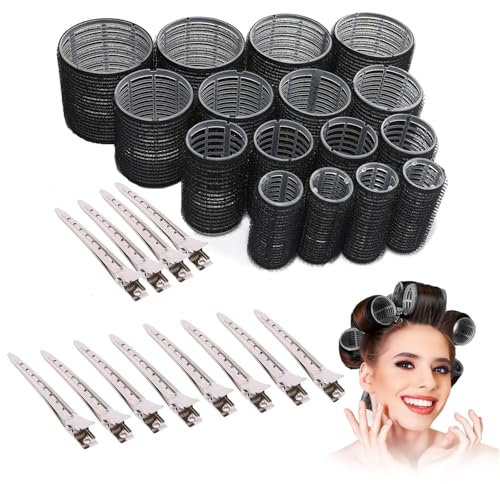 Lot de 16 bigoudis, 12 pinces à cheveux, rouleaux à cheveux avec clips, rouleaux pour volume des cheveux, grands bigoudis pour cheveux longs, moyens et courts