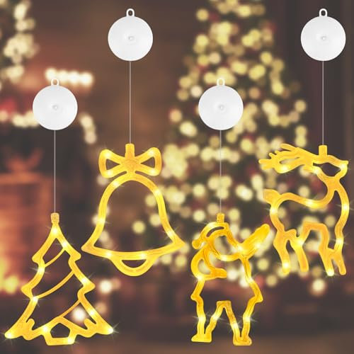 LED Weihnachtsbeleuchtung Fenster,4 PCS Warmweiße Fensterbeleuchtung für Innen & Außen, 40 LEDs Saugnapf Lichterkette Fenster Weihnachtslichter für Fenster, Kinderzimmer, Balkone & mehr Weihnachtsdeko