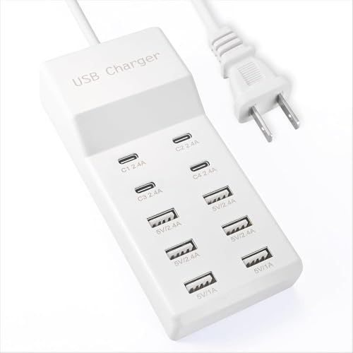 Stazione di ricarica USB, 10 porte USB C di dimensioni familiari, presa multipla di alimentazione USB per smartphone, tablet, computer portatile (1 pezzo)
