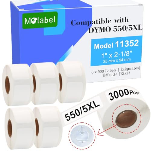 Molabel Rücksendeadressetiketten - 6 Rollen (mit RFID-Chip), geeignet für Dymo S0722520 11352, Größe 25 mm x 54 mm, kompatibel mit Dymo LabelWriter 550 Druckern, 500 Etiketten pro Rolle。