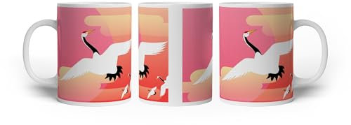 deyoli Tazza con motivo gru in volo, 300 ml, in ceramica bianca, tazza da caffè/idea regalo