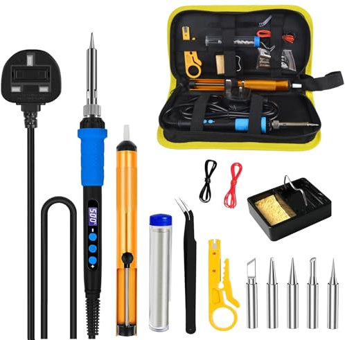 Emwel Soldering Iron Kit,Adjustable Temperature Welding Tools, Solder Wire, Soldering Tips, Stand, Desoldering Pump, Tweezers
