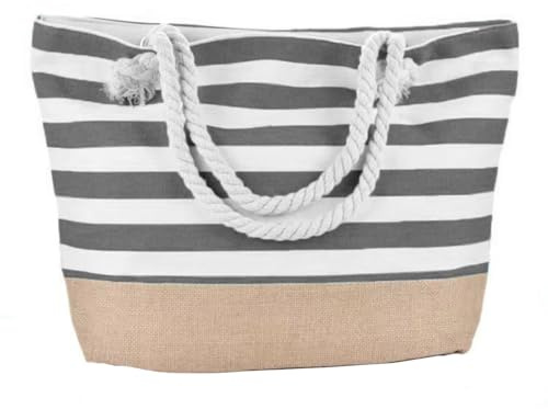 Enwye wasserdichte Strandtasche, Strandtasche Für Damen Mit Reißverschluss, Sommer-Tragetaschen Aus Canvas Mit Streifen, Wiederverwendbare Einkaufs-Schulterhandtaschen