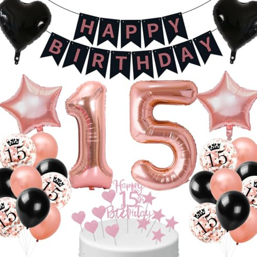 Cadimus Decorazione 15° Compleanno Bbambine,Nero Rosa Oro Palloncini 15 Anni,Set di Decorazioni con Palloncini per 15°,Striscione di Happy Birthday,Ddeco per Feste di Compleanno 15