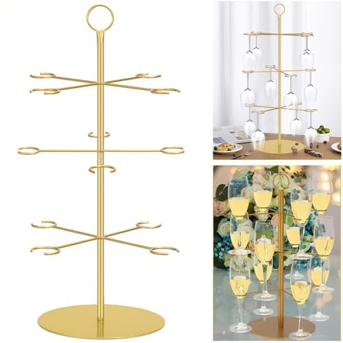 HEYOUTH Weinglashalter,Gläserhalter Hängend,Gläserhalter, 63cm Abnehmbar Champagner Turm,3 Etagen,Eins Hält 12 Weingläser, und zu lagern,Abnehmbar für Familie Restaurant Hotel bar,Gold
