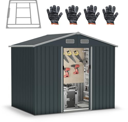 HOMASIS Abri de Jardin en Métal avec Toit à Pignon, 235 x 171 x 196 cm, 7,95 m³, Cabane de Jardin avec 2 Portes Coulissantes, 2 Fenêtres et Fondation, abri à Outils Extérieur, Haute Résistance