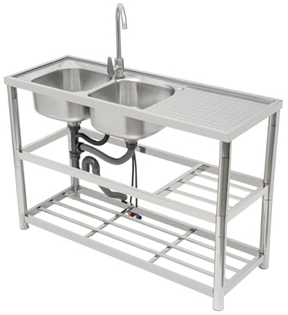 Küchenspüle Edelstahl Freistehend 2 Becken Spültisch Spülbecken mit 360° Drehbare Wasserhahn, Warmes und kaltes Wasser Gastrospüle Waschtisch für Garage Waschküche 120 * 45 * 80cm