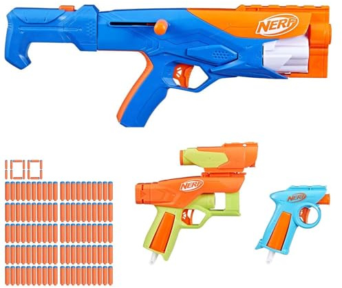Nerf N Series Gear Up Pack Mega-Set – 3 Blaster für 10 Kombinationen inkl. 118 N1 Darts (100er Nachfüllpack + 18er Set) – Ultimative Vielseitigkeit