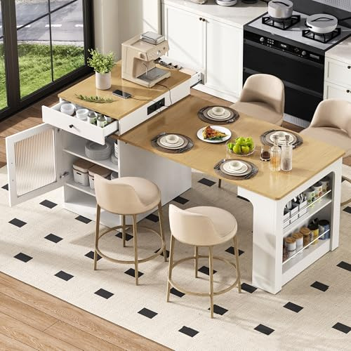 Merax Ausziehbarer Bartisch mit Stauraum und Esstisch-abnehmbar, Modernes Kücheninsel mit Rollen, Steckdose, Rillenglas, 2 Schublade, Offene Regale, Sideboard für Küche, Esszimmer, 80×151×92cm, Weiß