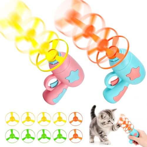 Heropen Interactive Cat Toy Flying Disc Launcher for Kitten Small Dog | 2 shooters & 10 colourful propellers, versatile cat toys for fun indoor and outdoor chasing, hunting and exercise training