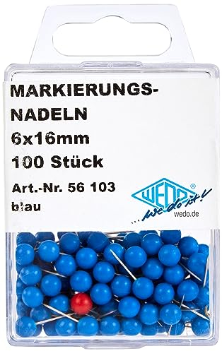 WEDO 56103 Markierungsnadeln Rundkopfnadeln, Nadellänge 16 mm, Kopfdurchmesser 6 mm, 100 Stück, Blau