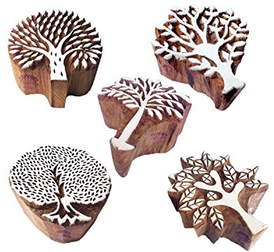 Indien Pattern Fleur et Arbre Bloc Impression Bois Timbres (Set de 5)