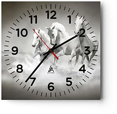 Modern Wanduhr Bauernhof Pferde galopp Freiheit 30x30cm Quadrat Klein Wand Uhr Glas Analog Zimmeruhren Küche Büro Wohnzimmer Glasuhr Wall Clock Dekoration Design Küchenuhr C4AC30x30-2389