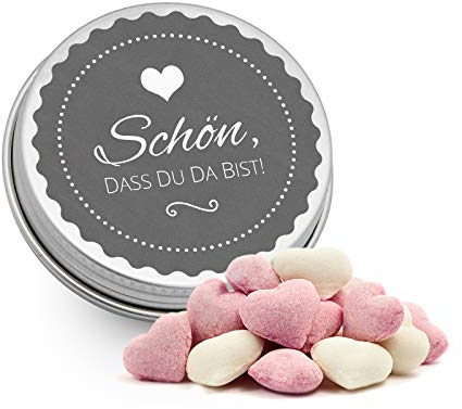 DeinBonbon 20x Gastgeschenk Mini Dose DIY Süßigkeiten und Stickerbogen | Hochzeit, Geburtstag, Taufe & Kommunion (Anthrazit, Himbeer Joghurt Herzen Bonbons)