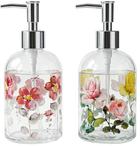Topadorn Glas Seifenspender 2er Set 500 ml, Nachfüllbare Flüssigseifenspender mit Edelstahlpumpe, Blumen- & Rosenmotiv, Seifenspender für Küche und Bad, Spülmittelspender aus Glas, Landhaus Deko
