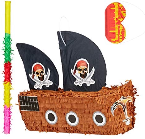 Pignatta Pirata da Riempire, Set di Accessori, Asta e Maschera per Feste di Compleanno, Vascello da Colpire, Colorata