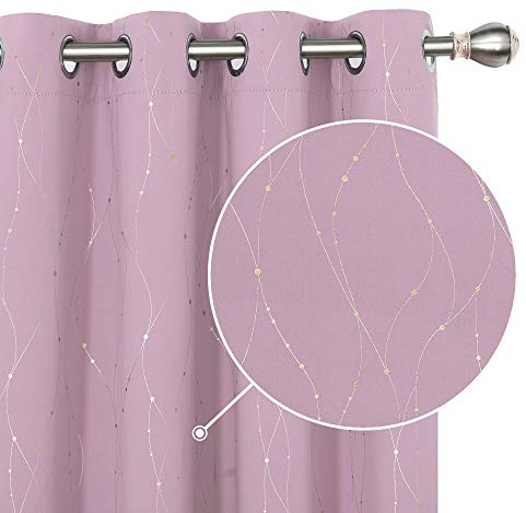 Deconovo Decorative Silver Gold Dotted Line Foil Printed Blackout Curtains Thermal Insulated Curtains Eyelet Curtains for Baby Nursery 55 x 94 Inch Light Pink 2 Panels