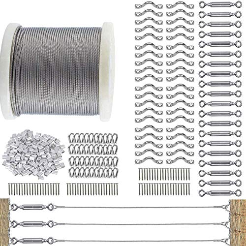 TooTaci 3mm Cable Acier avec Tendeurs de Fil,Kit de Cable Garde-Corps,122M/3mm Câble en Acier Inoxydable avec Tendeurs,Kit de M5 Tendeurs Cable Inox 3mm pour Rambarde,Suspension,Plantes Grimpante