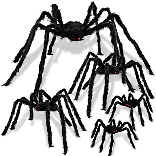 JOYIN 5 Packs Halloween Decorations Outdoor Giant Spiders, Large Black Hairy Spider Set with Different Size for Halloween Outside Decor, Lawn, Yard, Indoor Decor(35, 30, 24, 20, 12)