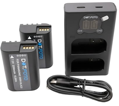 Dot.Foto DMW-BLK22 Premium 2200mh Battery (2-pack) & DMW-BTC15 type Fast USB LCD Dual Charger for Panasonic Lumix DC-S5, S5II, S5IIX, S9, G9II, GH5, GH5II, GH5S, GH6