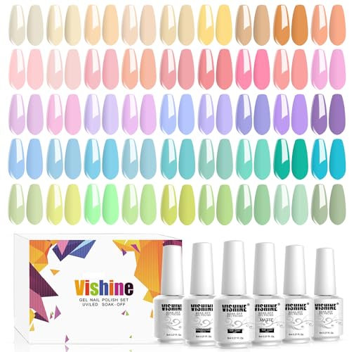 Vishine 48 Flacons Vernis Semi Permanent Pastel UV Gel Vernis à Ongles 45 Couleurs Rose Bleu Jaune Vert Macaron Classsique Collection Kit Saint Valentin Manicure Pour Ongle Idéal Cadeau De Vacances