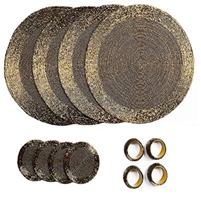 Penguin Home® - Set di 12 tovagliette, sottobicchieri e portatovaglioli con perline in vetro, colore oro antico, tovagliette rotonde, realizzate a mano da abili artigiani indiani, diametro 32 cm