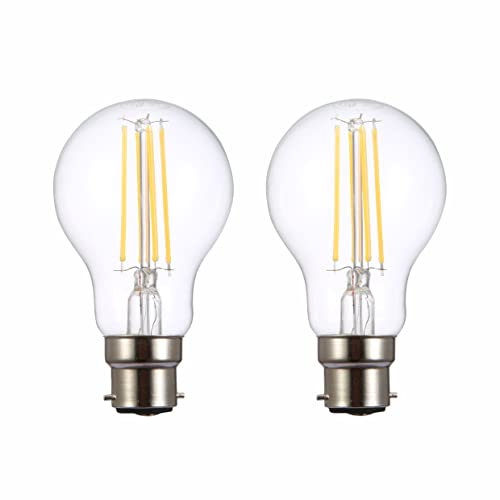 TEKLED® A60 Filament Vintage LED Bulbs | B22 Bayonet Cap | Energy Saving 6.5W Light Bulb 60W Equivalent | DIMMABLE Clear 2700K 806LM | 2-Pack | Warm White