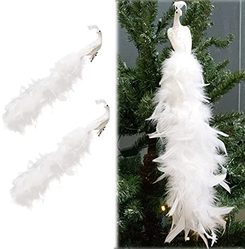 Tauzveok Weihnachtsbaum Deko, Pfau Vögel Weihnachtsbaum Deko, 17 Inches Künstlicher Langschwänziger Gefiederter Pfau Mit Clips, Für Baumschmuck Weihnachten,Peacock White,2pc