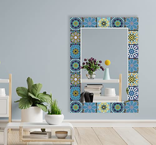 My Photostation.com Specchio messicano piastrellato con cornice in vetro temperato, 100 x 70 cm (orizzontale), per soggiorno, bagno, decorazione da parete per camera da letto-ingresso, stile etnico,