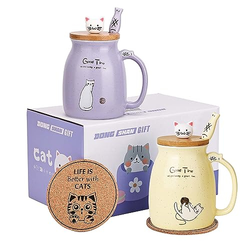 DONGSHANGIFT Juego de 2 tazas de gato Taza de Té Gato Taza de Cerámica con Tapa y Cuchara Kawaii Tazas para Mujer 500ml Navidad Cumpleaños Taza Regalo Gato (Morado y Amarillo)