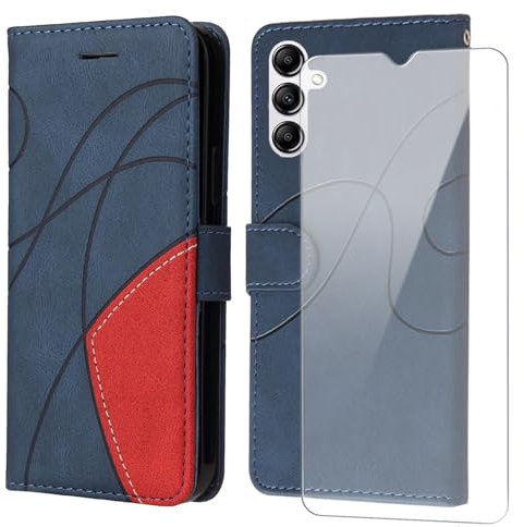 FHSYCR Coque pour Samsung Galaxy A14 4G / 5G avec 1 Pièces Verre Trempé Protection Écran, Premium PU Cuir Multifonction à Rabat Flip Housse Étui pour Samsung Galaxy A14 4G / 5G - Bleu