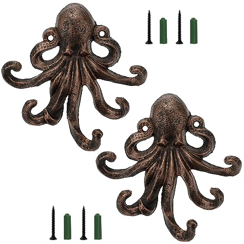 TOLIDA 2 Stück Krakenhaken Dekorativer Gusseisen Oktopus 5 Tentakel Wandhaken Wandmontierter Schlüsselhaken Garderobenständer Handtuchhalter Tier Kleiderhaken für Mantel Handtuch Taschen Rot