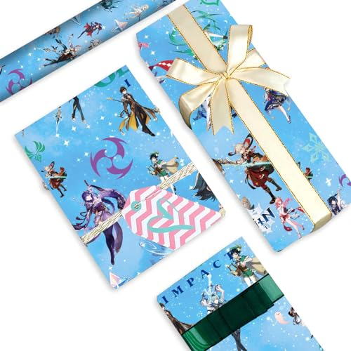 Genshin Impact Geschenkpapier Kinder, Genshin Impact Merch Geschenkpapier Mädchen, 5 Blätter 51 * 75cm Genshin Hu Tao Ganyu Venti Geschenkpapier Geburtstag, PQKL-party Anime Geschenkpapier Weihnachten