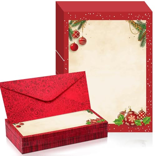 Weekgrat 80 Sets Christmas Stationery with Envelopes, 8.5x11 Inch Red Bulbs