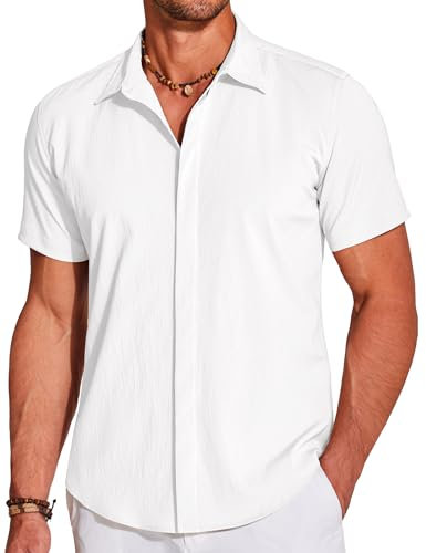 COOFANDY Mens Summer Beach Shirts Casual Short Sleeve Button Down Lightweight Textured Wrinkle Free Stretch Shirts White L